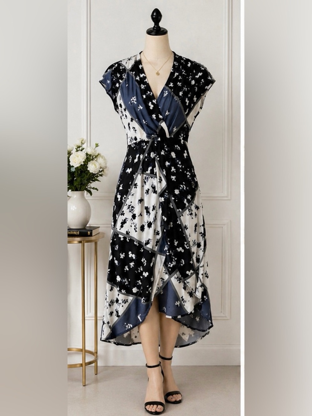 New York & Company Black, White and Navy Floral High-Low Wrap Dress